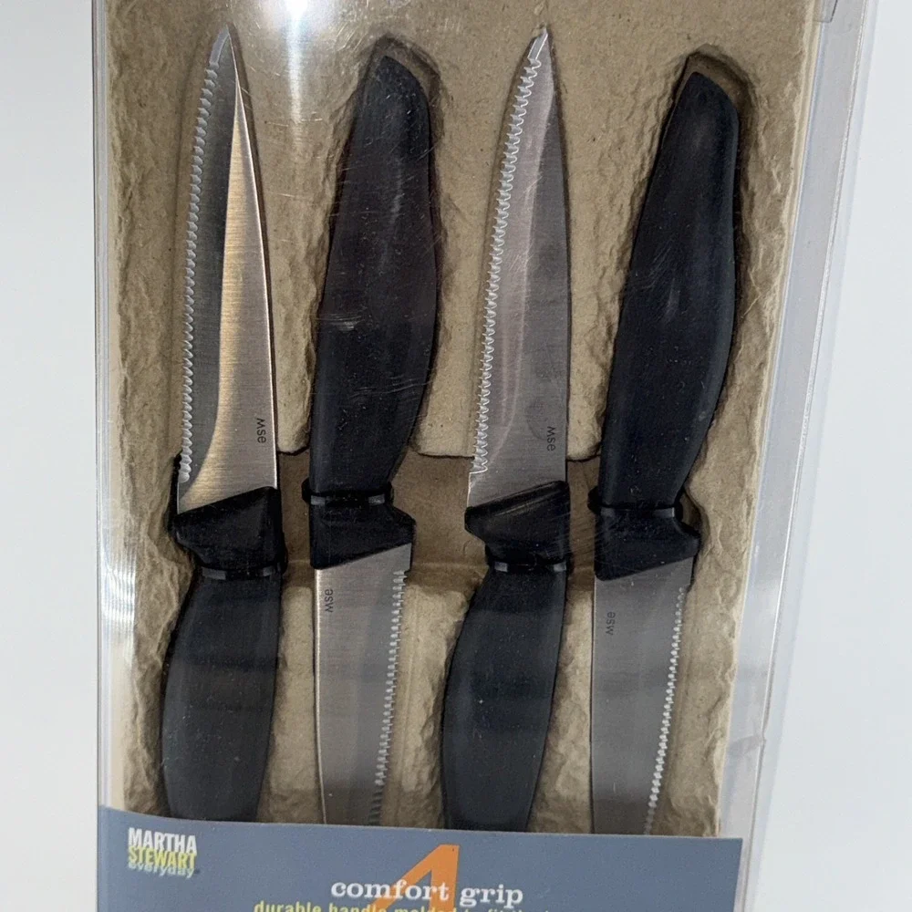 Martha Stewart Everyday 4 Piece Steak Knife Set Comfort Grip Carbon SS BladesNew